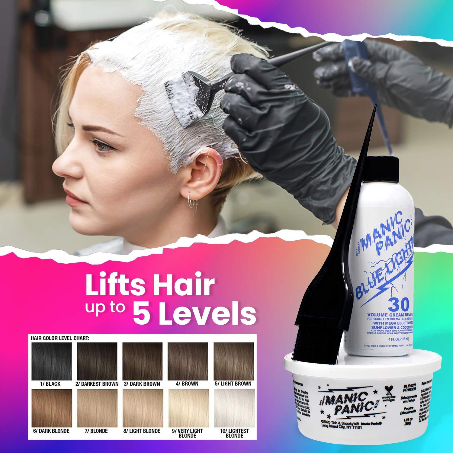 MANIC PANIC Blue Lightning Hair Bleach Kit - Mega Blue Bleach Powder + 30 Volume Developer - Neutralizes Warm Yellow Tones - Hair Lightener Lifts Up to 5 Levels - Vegan & Cruelty-Free (2 ct) - Image 6
