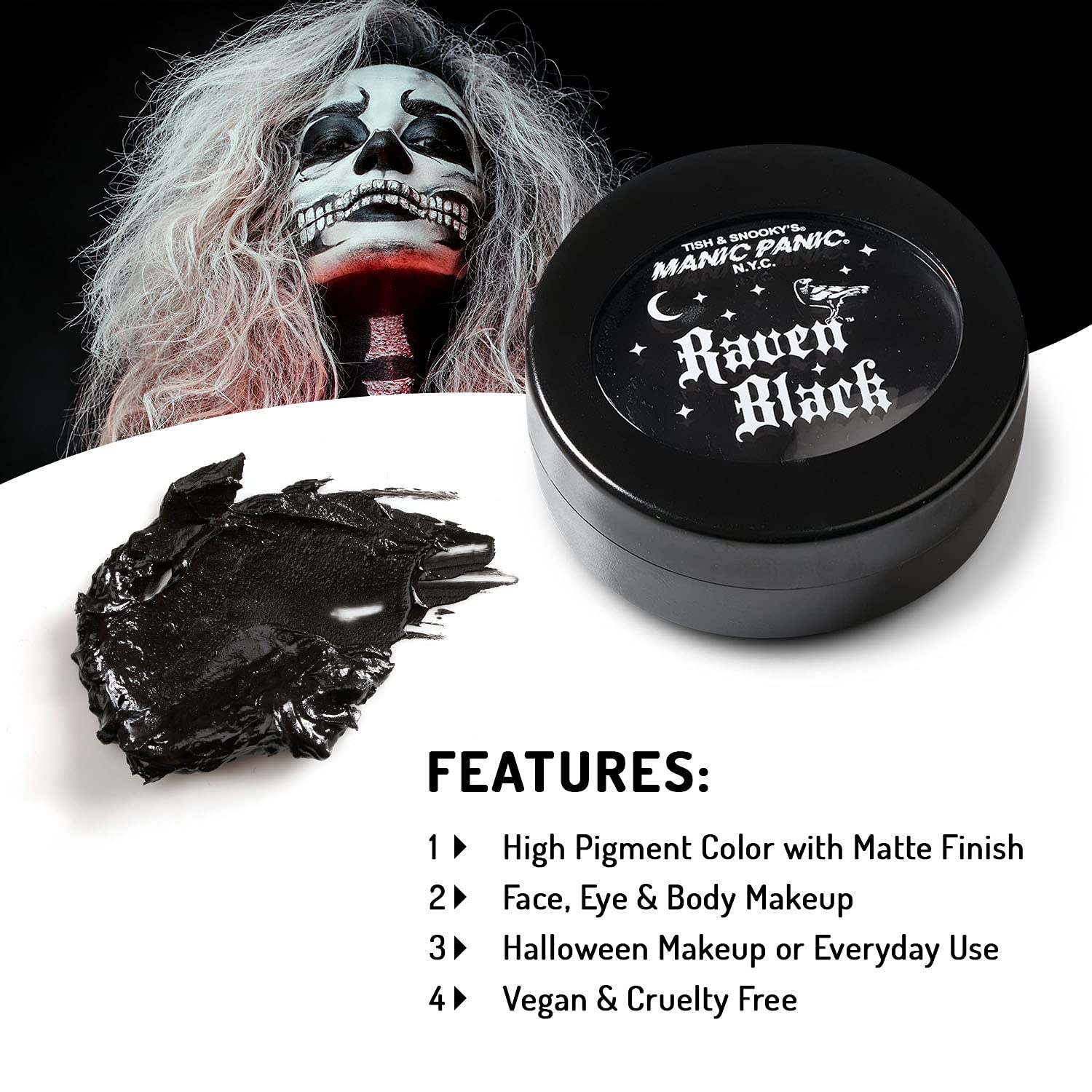 MANIC PANIC Raven Black Face Paint - Black Makeup for Face, Eyes & Body - High Pigment Body Paint with Matte Finish - Halloween, Cosplay & Stage Makeup - Vegan & Cruelty-Free Cream Formula - Image 4